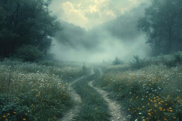 Enchanting Forest Path with Mist and Wildflowers