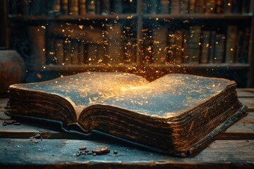 In the library, a fantasy book radiates magic; words of wisdom and dreams float, creating a mysterious fairy tale