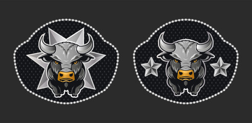 Western Style Cowboy  Raging Bull and star Belt Buckle vector design.