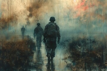 In a private operation, marines and navy soldiers unite in an assault, emerging from the fog in squad formation - obrazy, fototapety, plakaty