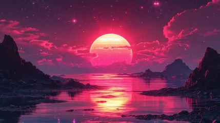 Foto op Canvas breathtaking pink sunset illuminates the sky above a calm mountain lake © jechm