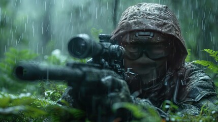 In the jungle's warzone, a special ops mercenary, combining military skill with the stealth of a sniper, readies amid the rain - obrazy, fototapety, plakaty