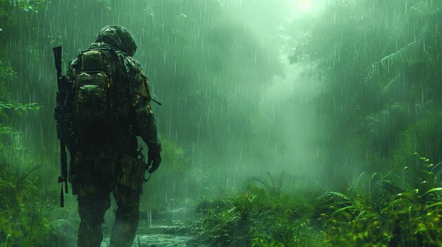  Copyspace, In the rain-soaked jungle, a soldier ready for operation, a mercenary of war, skilled in special ops and assault tactics