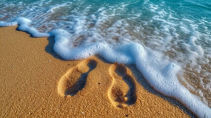 Pristine Beach Footprints Washed by Foamy Wave