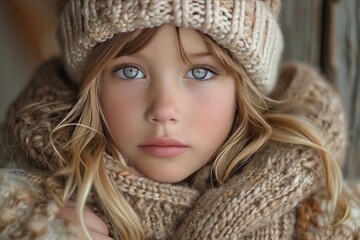 young girl with captivating eyes bundled up in soft, warm knitwear during the cold winter season