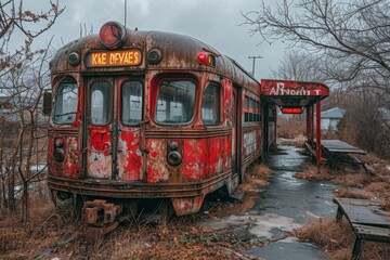 Abandoned Trolley Car in Desolate Landscape