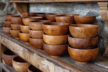 Handcrafted wooden bowls, a testament to artisanal kitchenware. These rustic homeware items are stacked in a display at the craft market, showcasing the beauty of natural materials and woodturning cra