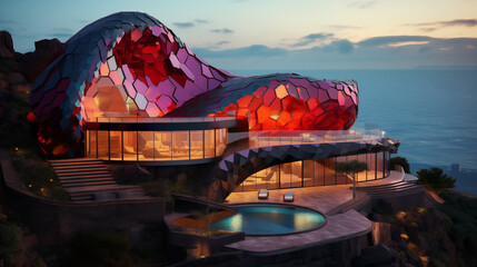 A beautiful modern home in the mountains overlooking the ocean, in the style of colorful biomorphic forms