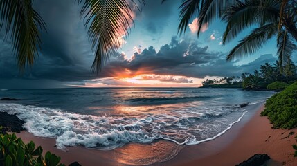 Fototapeta na wymiar Majestic Sunset Over Palm Trees and Ocean