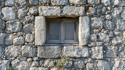  a stone wall with a window and a plant growing out of the middle of the window and a small patch of grass growing out of the side of the wall.