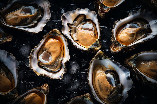 oysters with wavy splashes of water is photographed as a water splash blows over the oyster