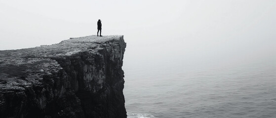 dramatic black and white image of a lone figure standing on a cliff overlooking the sea, reciting poetry to the vast ocean, symbolizing freedom and the power of words