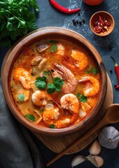 Tom Yam kung Spicy Thai soup with shrimp in a bowl on a dark background, top view, 
