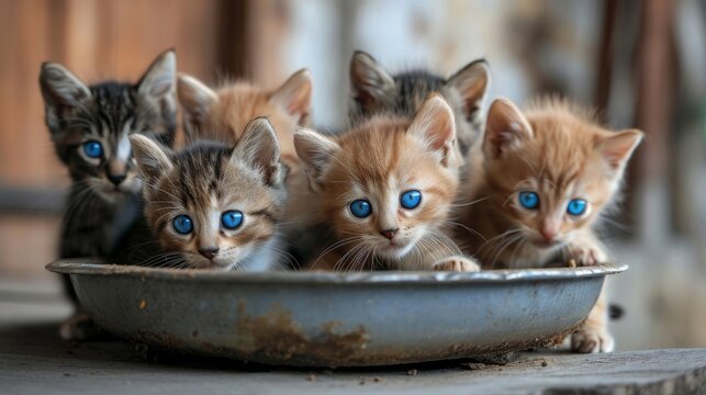 Charming Group of Kittens With Blue Eyes in a Bowl
