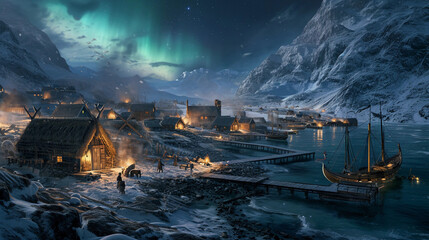 Viking settlement in Greenland, showing turf houses, a small dock with a longship, villagers working, and the harsh, icy environment surrounding them, with northern lights in the night sky - obrazy, fototapety, plakaty