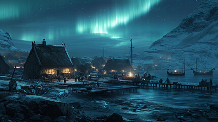 Viking settlement in Greenland, showing turf houses, a small dock with a longship, villagers working, and the harsh, icy environment surrounding them, with northern lights in the night sky
