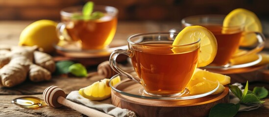 Ginger tea with honey and lemon on table