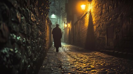 A man walks on a narrow and stony street