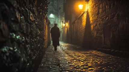 Foto auf Acrylglas Enge Gasse A man walks on a narrow and stony street