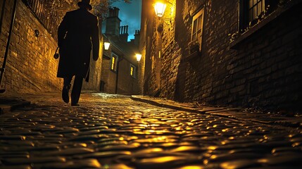 A man walks on a narrow and stony street - obrazy, fototapety, plakaty