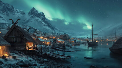 Viking settlement in Greenland, showing turf houses, a small dock with a longship, villagers working, and the harsh, icy environment surrounding them, with northern lights in the night sky - obrazy, fototapety, plakaty
