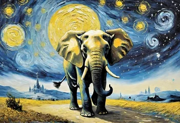 Poster elephant on the meadow under the starry night © OMAR