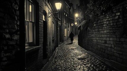 A man walks on a narrow and stony street - obrazy, fototapety, plakaty
