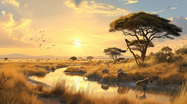  a painting of zebras and giraffes drinking at a watering hole in the savannah at sunset with a flock of birds flying over the water in the background.