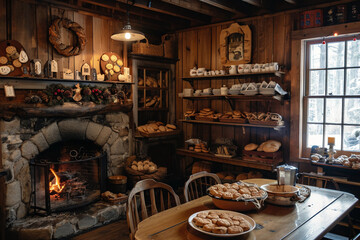 wood-paneled bakery with home-style bread and cookies, a fireplace in the corner, cozy and inviting, a winter morning