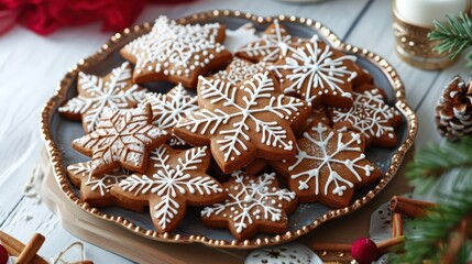  a close up of a plate of cookies on a table with a christmas tree and candles in the background with snowflakes on the plate and on the table.