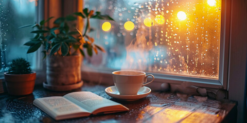 cozy corner in a café, with a person reading a poetry book, steam rising from a cup of coffee, and raindrops on the windowpane, creating a mood of introspection and peace - obrazy, fototapety, plakaty