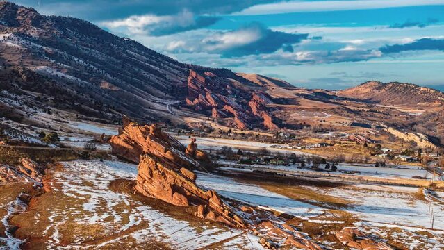 Red Rocks on a sunny day with cloud movement, winter season, drone hyperlapse, Colorado, 4K
