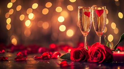 Two Champagne Flutes With Red Roses and a Candle