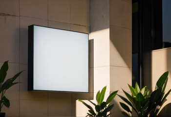 Square light box empty display on beige concrete wall outdoors, mock up