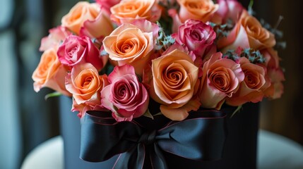 Bouquet of Orange and Pink Roses on Table
