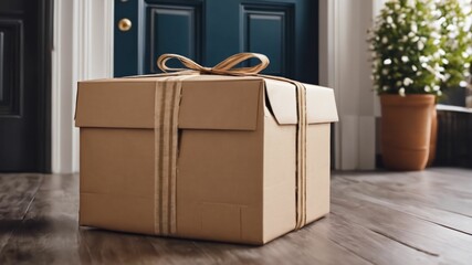 Online shopping delivery service concept. Cardboard parcel box delivered to the front door. Package near front door.