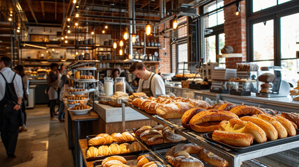 bakery with exposed brick walls, sourdough breads and eclairs on metal racks, trendy and bustling, a busy weekday - obrazy, fototapety, plakaty