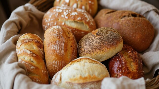  a basket filled with loaves of bread on top of a bed of white linen next to a basket filled with loaves of loaves of bread on top of white linen.