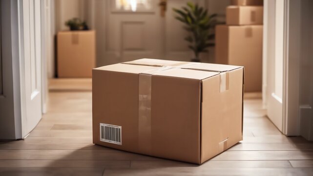 Online shopping delivery service concept. Cardboard parcel box delivered to the front door. Package near front door.