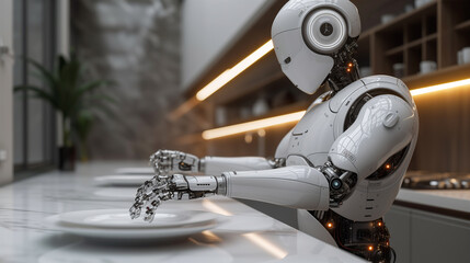 Humanoid robot efficiently washing white plates in modern kitchen