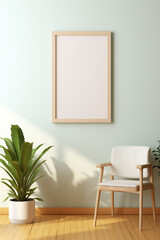 Empty white frame mockup on light background with copy space. Wall art and interior concept. Front view photography style