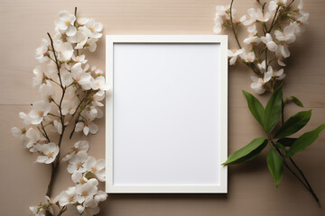Frame mockup on light background with copy space. Spring, floral and interior concept. Front view photography style