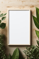 Empty white frame mockup on light wood background with plants. Eco, floral and interior concept. Front view photography style