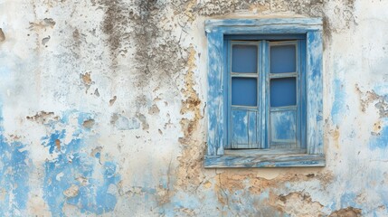  an old building with a blue window and peeling paint on the side of the building and a cat sitting on the window sill in front of the window sill.