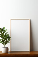 Empty white frame mockup on light background with copy space. Minimalistic interior concept. Front view photography style