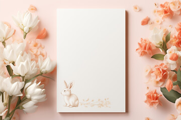 Empty white frame mockup on pink background with pink and white flowers. Spring, easter, floral concept. Front view photography style