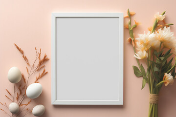 Empty white frame mockup on pink background with yellow flowers and easter eggs. Spring, easter, floral interior concept. Front view photography style
