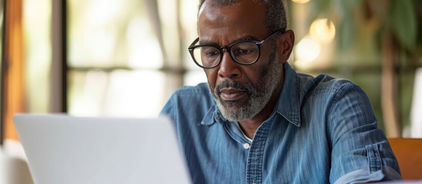 A Thoughtful, Older African American Man, Wearing Glasses, Working At Home With A Laptop, Analyzing Documents Related To Business And Online Trading.