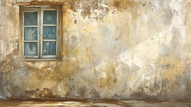 a corner of a building with a window and a wall with peeling paint and a cat laying on the ground in front of the window and a cat laying on the ground.