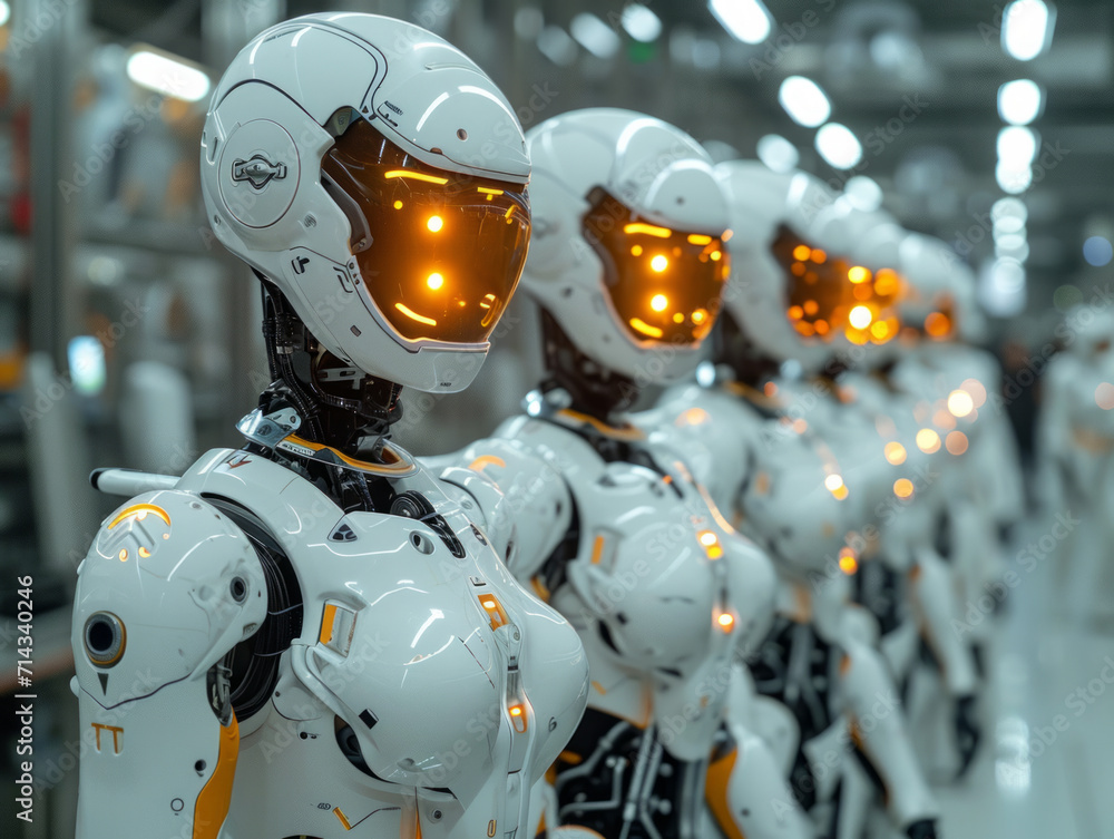 Poster a row of robot suits with yellow eyes. a lineup of mechanical exoskeletons complete with yellow glow